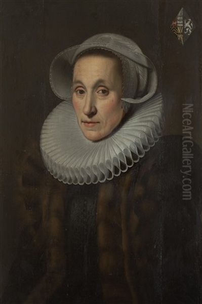 Portrait Of A Lady, With Coat-of-arms (upper Right) by Hans Eworth