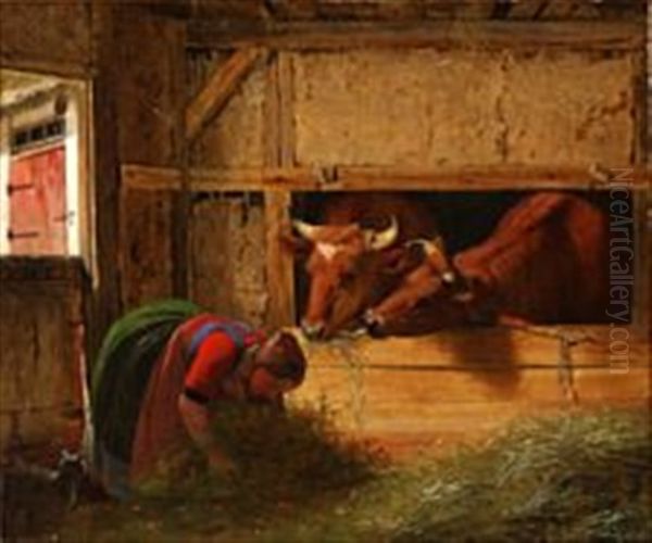 A Young Girl Feeding The Cattle by Johann Julius Exner