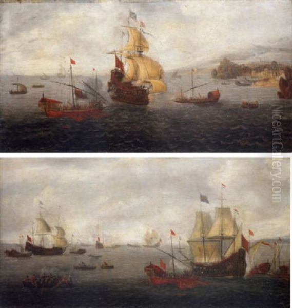 An English Galley Frigate Flanked By Ottoman State Barges And Other Vessels Off The Shores Of A Coastal Town In Choppy Seas by Caspar van Eyck