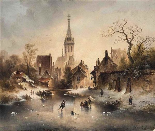 A Winter Landscape With Skaters Near A Village by Charles van den Eycken I