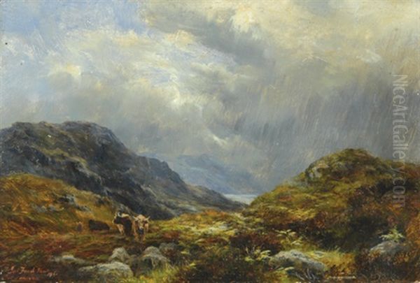 A Highland Scene With Highland Cattle In The Foreground, A Rainstorm Passing Over A Loch Beyond by James Faed the Younger