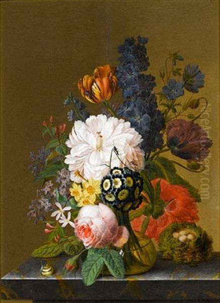 Primroses, Daffodils, A Rose, A Poppy And Other Flowers In A Glass Vase On A Stone Ledge, With A Snail And A Bird's Nest by Pieter Faes