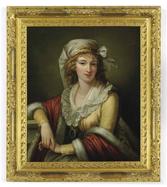 Portrait Of The Artist's Wife Anna Maria Aloisna Rosa Ferri, Daughter Of Pietro Ferri In A Yellow Dress With A Red Fur-lined Cloak, With A White Headress... by Robert Fagan