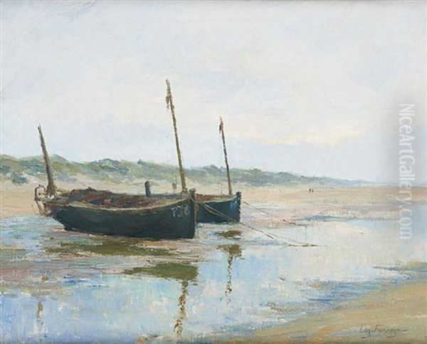 Barques Echouees Au Coucher Du Soleil by Edgard Farasyn