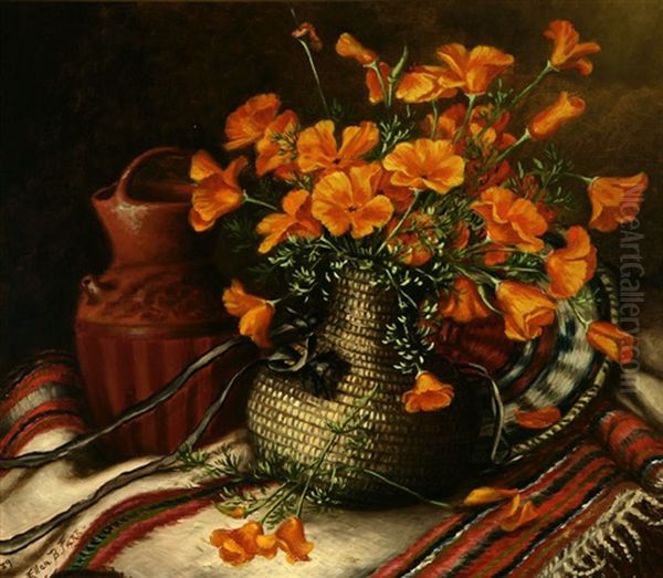 Still Life With California Poppies, Indian Baskets, Pottery And Blanket by Ellen Francis Burpee Farr