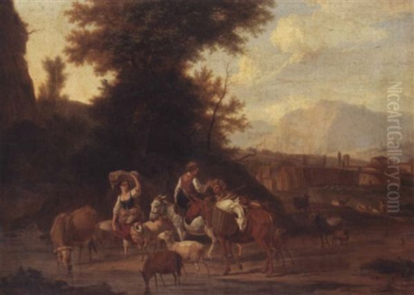 An Italianate Landscape With Drovers Watering Their Animals by Nicholas Henri Joseph Fassin