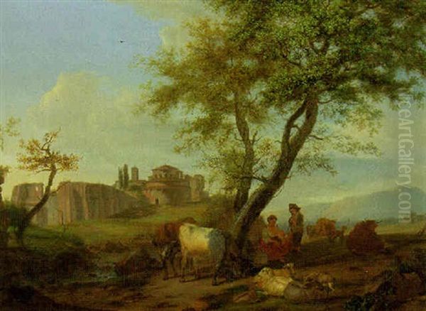 An Italianate Landscape With A Shepherd's Family Resting Under A Tree, A Hilltop Town Beyond by Nicholas Henri Joseph Fassin