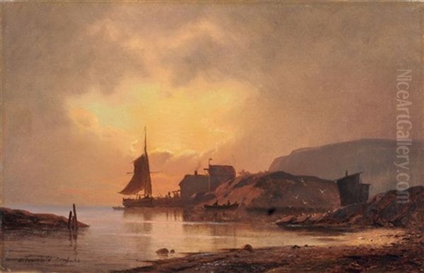 Fischerhutten Auf Der Insel Mon Im Abendlicht Mit Den Kreidefelsen Im Hintergrund (?) by Viggo Fauerholdt