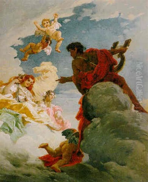 Apollo Und Zwei Weibliche Gestalten, Von Putten Umgeben, Auf Wolken by Giacomo Favretto