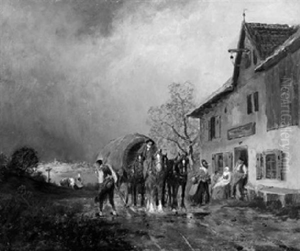 Planwangen Vor Einem Bayerischen Landgasthaus by Otto Fedder