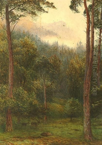 Deer In A Forest. by Charles Reginald Aston