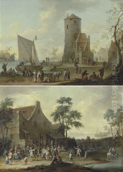 Pair Of Works: Village Scenes With Figures/festivities Before A Rural Inn by Franz de Paula Ferg