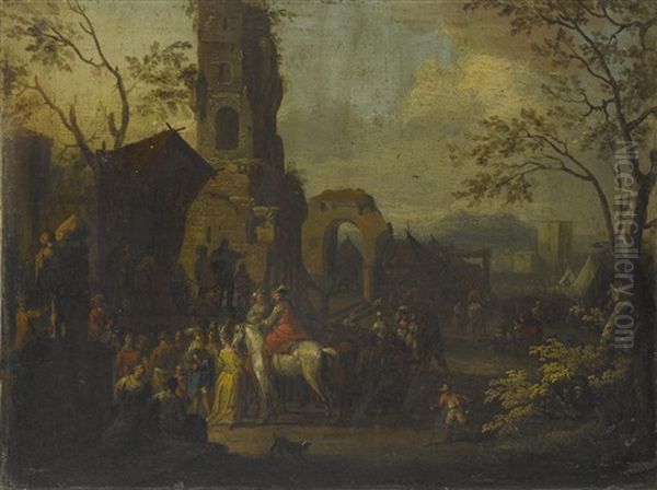 A Village Scene With Figures Performing A Play by Franz de Paula Ferg