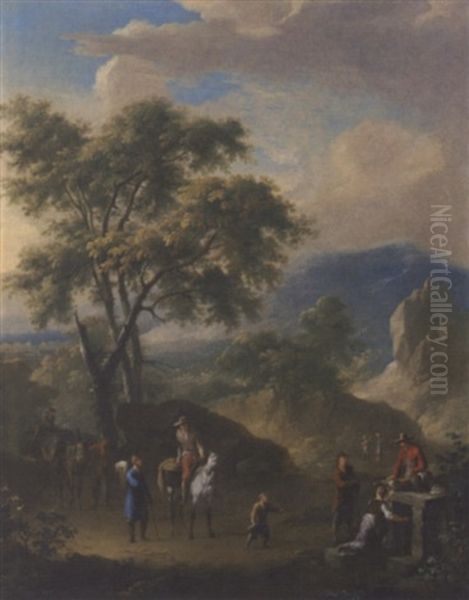 A Mountainous Landscape With Peasants Travelling On A Path by Franz de Paula Ferg