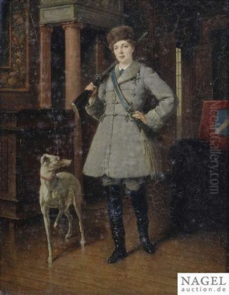 Portrait Of A Hunter With Her Dog In A Castle Interior by Benjamin Eugene Fichel