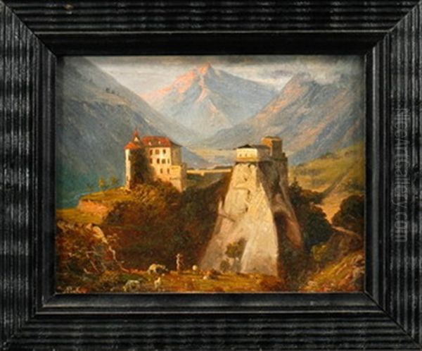 Schlosansicht Vor Alpenlandschaft Mit Schafhirten Und Schafen by August Fink