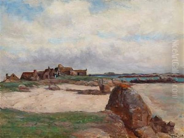 Rocky Coastal Landscape With Buildings And A Few People by Marie Auguste Flameng