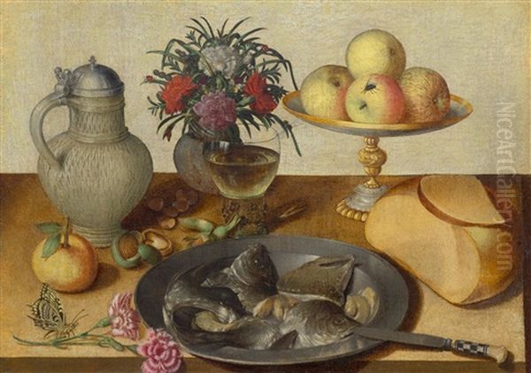 Still Life With Flowers, Fruits, Bread, Wine, Fish And Insects On A Table by Georg Flegel