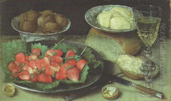 Strawberries On A Plate, Walnuts In A Bowl, Butter On A Plate, A Facon De Venise Wine Glass And Other Objects On A Table by Georg Flegel