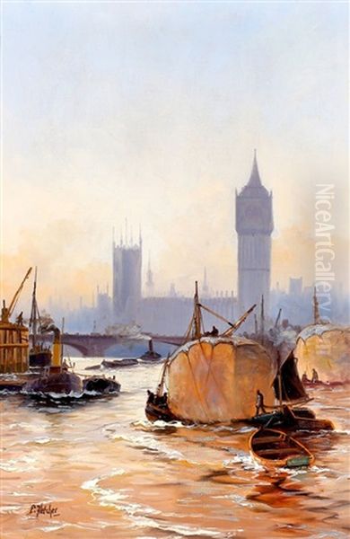 Pair Of Thames Views: Tower Bridge And Parliament by Edward Henry Eugene Fletcher