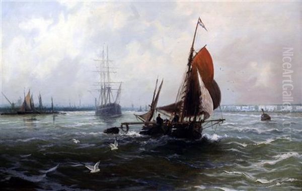 Schooner And Fishing Boat Leaving Harbor by Edward Henry Eugene Fletcher