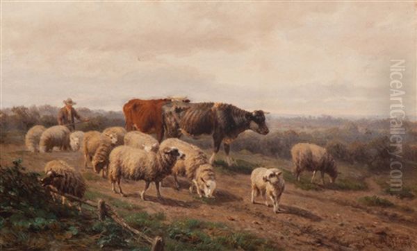 Shepherd With His Livestock by Helmert Richard Van Der Flier