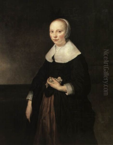 A Portrait Of A Lady Standing Three Quarter Length Holding  Her Gloves In Her Left Hand by Govaert Flinck