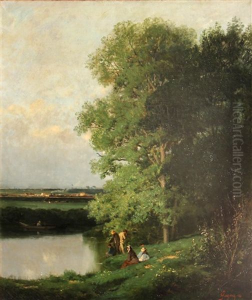 A River Landscape With Figures On The Bank by Eugene Victor de Flogny