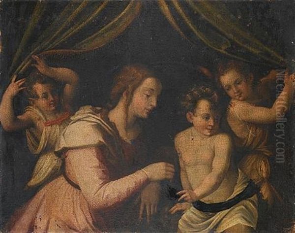 Saint Elizabeth With The Infant Saint John The Baptist Before A Curtain Drawn Aside By Angels (a Fragment) by Prospero Fontana