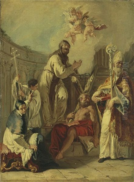 Saint Leonard Between Saint Lawrence Giustiniani, Saint Andrew And Saint Nicholas by Francesco Salvator Fontebasso