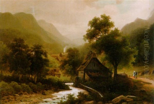 Wassermuhle In Bewaldeter Berglandschaft by Arnold Forstmann