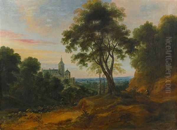 Chemin De Sous - Bois Avec Un Monastere Dans La Campagne by Jacques Fouquieres