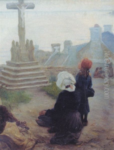 Femmes Au Calvaire En Bord De Mer Vers Le Cap Sizun by Alfred Victor Fournier