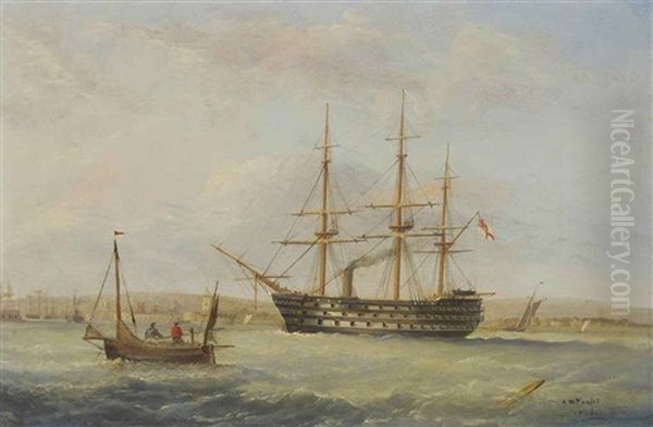 H.m.s. Duke Of Wellington Off The Entrance To Portsmouth Harbour (+ A Paddle Steamer Riding Out A Gale; Pair) by Arthur Wellington Fowles