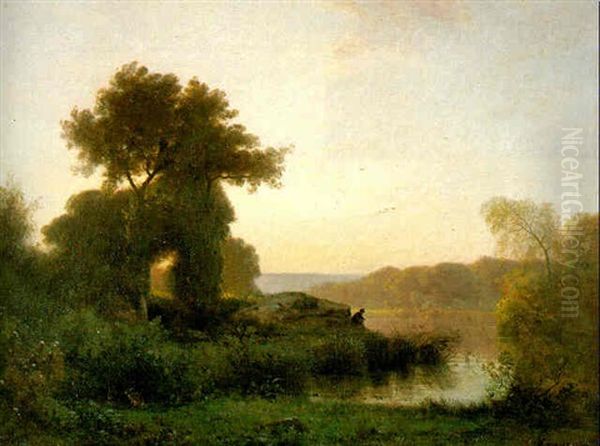 Fisherman In A River Landscape by Francois Louis Francais