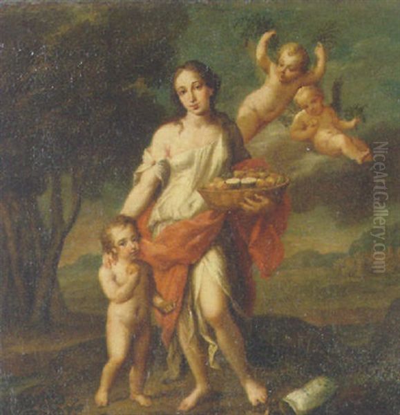 A Woman Holding A Basket Of Fruit With A Child And Putto In A Landscape by Marc Antonio Franceschini