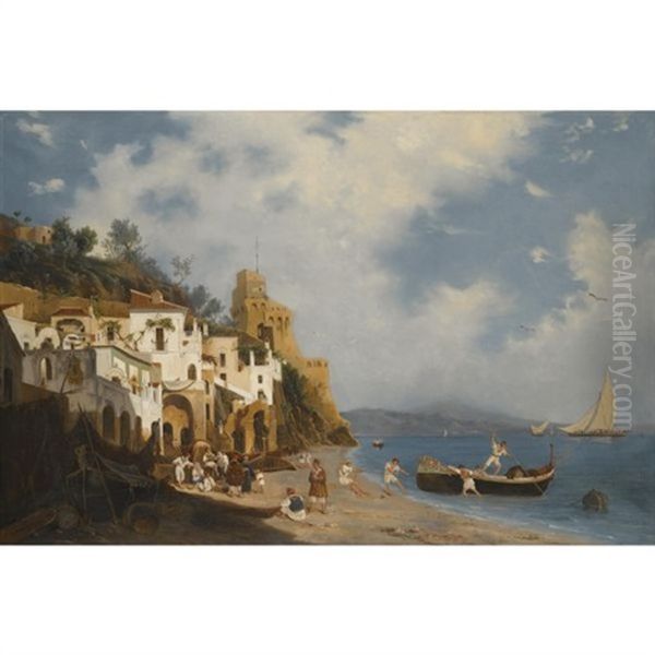 A View Of Cetara On The Amalfi Coast, Towards The Viceroy's Tower by Benjamino de Francesco