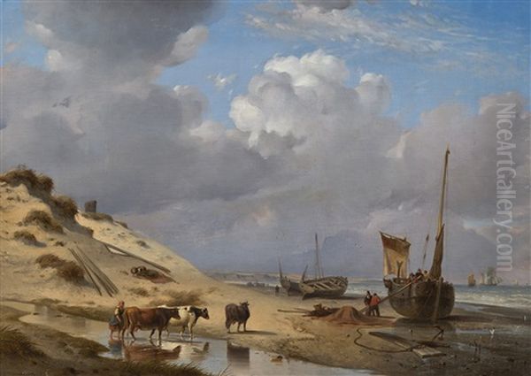 Paysage Cotier Avec Betail Et Barques Sur La Plage by Alexandre Thomas Francia