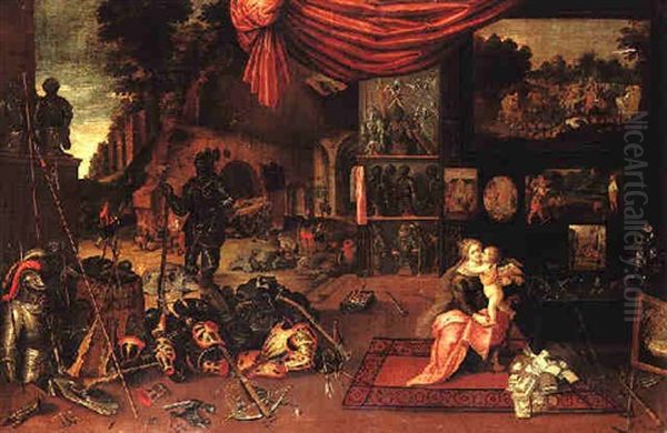 An Allegory Of Touch: Venus And Cupid Seated In A Cavern Amid Numerous Articles Of War, Blacksmiths And A Wooded Landscape Beyond by Frans Francken III