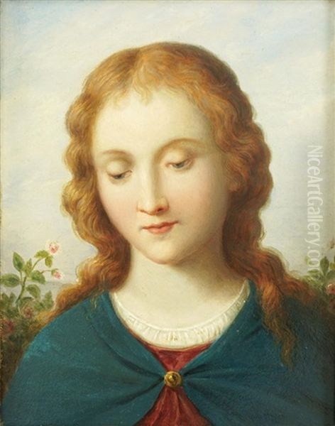 Junge Frau Mit Gesenktem Blick In Einem Rosengarten. Schulterstuck. Ausgefuhrt Im Stile Eines Marienbildnisses by Julius Frank