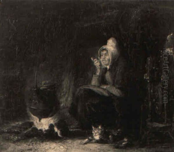 A Highland Bothy With An Elderly Woman And Her Cat Seated By A Fire by Alexander Fraser the Elder