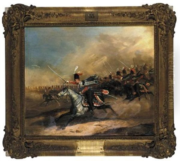 Parade Of The Austrian 2nd K.k. Hussar Regiment, King Of Hanover, In The Lead Colonel Von Kiss (+ Attack Of The 3rd Royal Prussian Hussar Regiment, King Of Hanover, Count Solms In The Lead; 2 Works) by Eduard Frederich