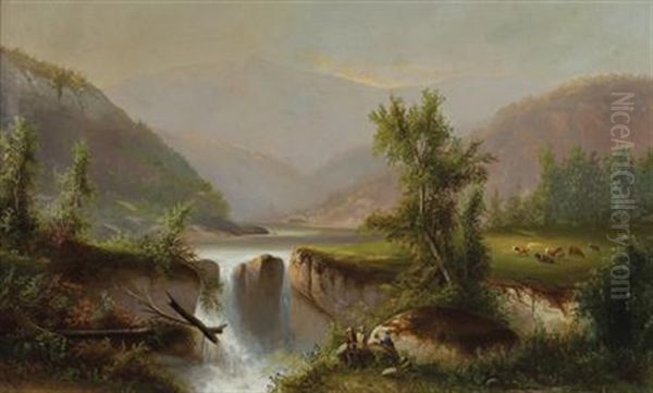 Hudson River Valley With Waterfall by William Charles Anthony Frerichs