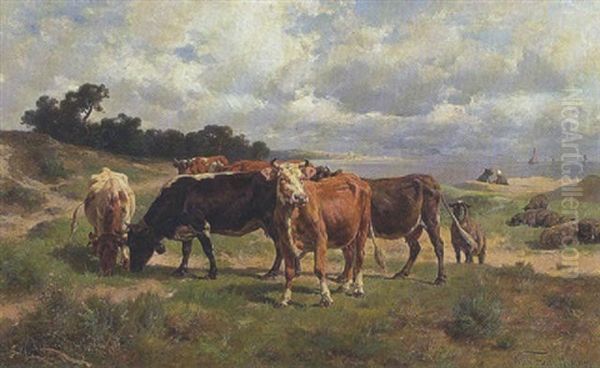 Weidende Kuhe Und Schafte Vor Kustenlandschaft by Wilhelm Friedrich Frey