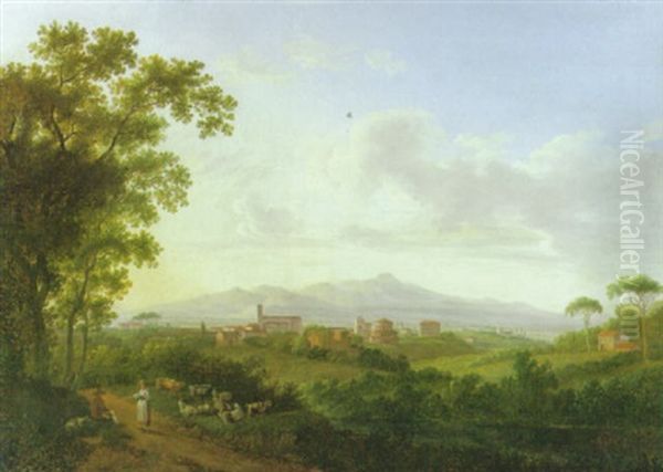 Weite Italienische Landschaft Mit Rastendem Hirtenpaar by Johanna Mariane Freystein