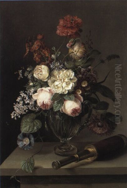 Still Life Of Flowers In Vase With Telescope On Table by Caroline Friederike Friedrich