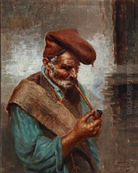 Two Portraits With Elderly Italian Men Smoking Pipes (2 Works) by Raffaele Frigerio