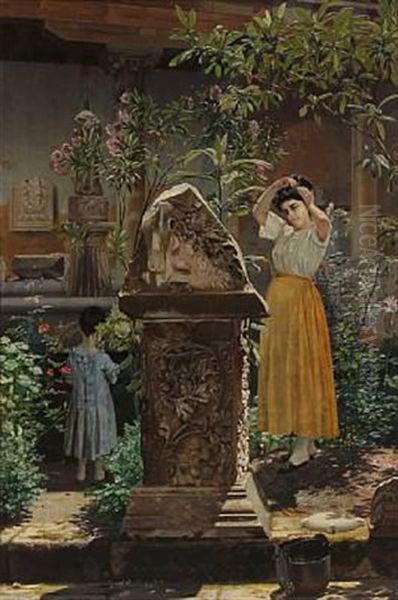 View From An Italian Garden With Young Woman And Child By A Pillar by Niels Fristrupp