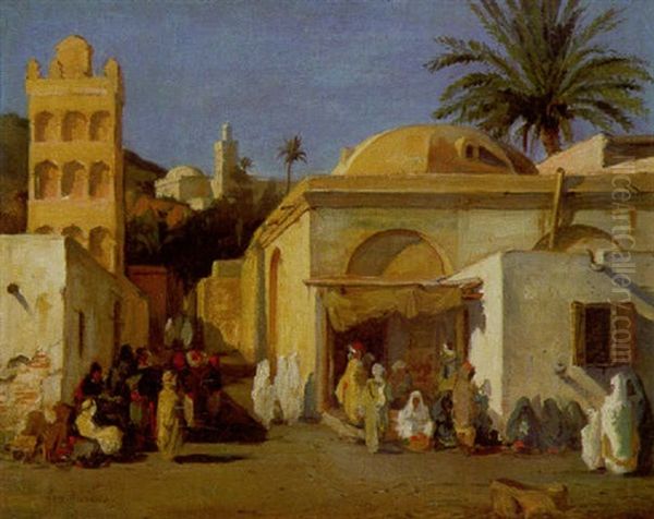 Strase In Algerien Mit Zahlreichen Handlern Und Passanten by Eugene Fromentin