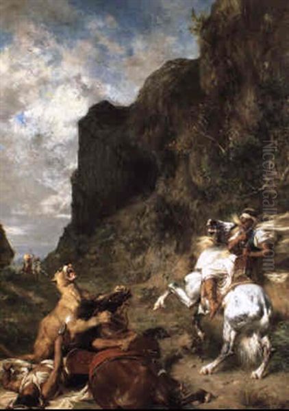 Arabes Attaques Par Une Lionne by Eugene Fromentin